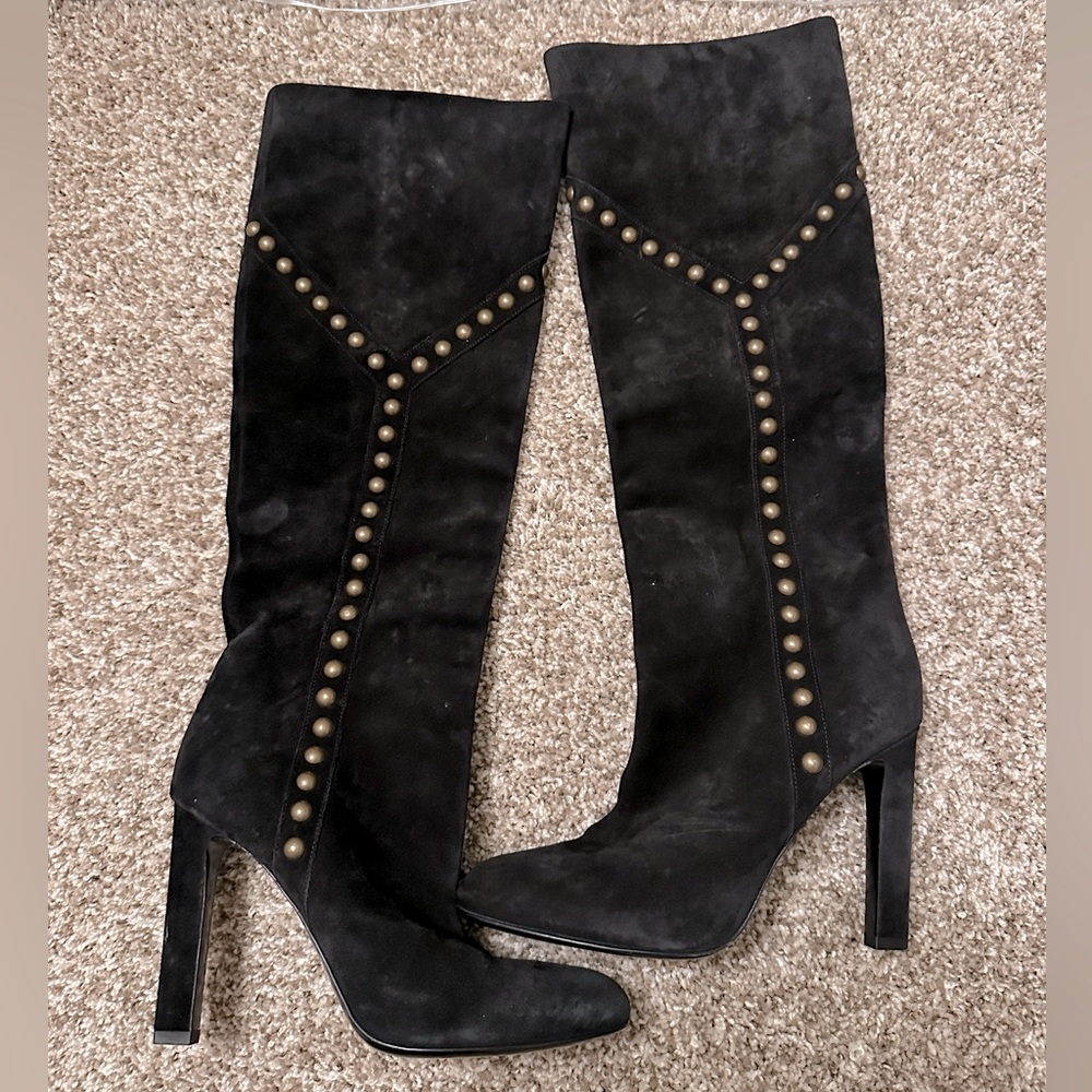 Saint Laurent | Black Suede Studded Knee High Boots | Never Worn